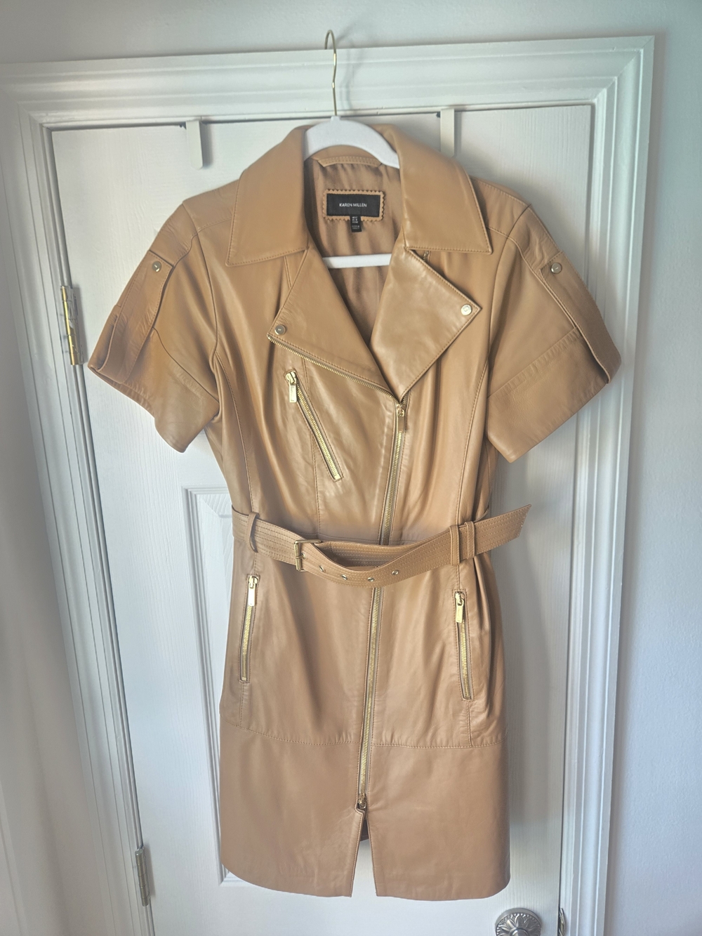 Karen Millen Camel Short-Sleeve Leather Moto Dress Coat